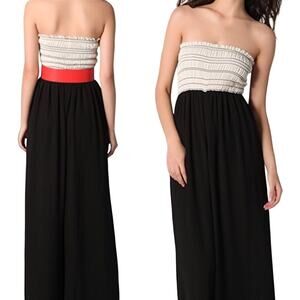 ROBBI & NIKKI Chiffon Wide Leg Smocked Jumpsuit Beige Black Strapless XS NWT